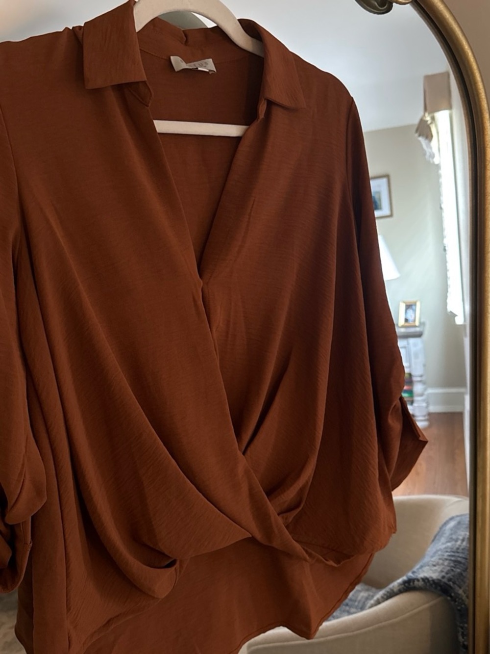 Womens Draped Surplice Blouse - Rust Brown